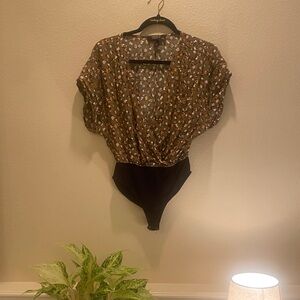 Forever 21 Floral Bodysuit - Olive Cream and Brown